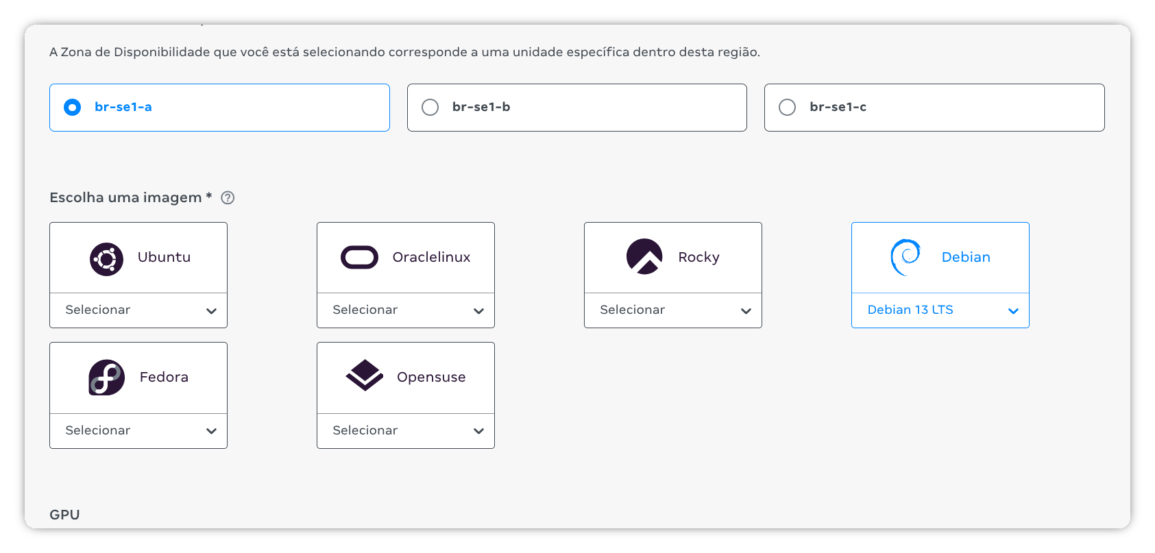 Selecionando zona e sistema operacional